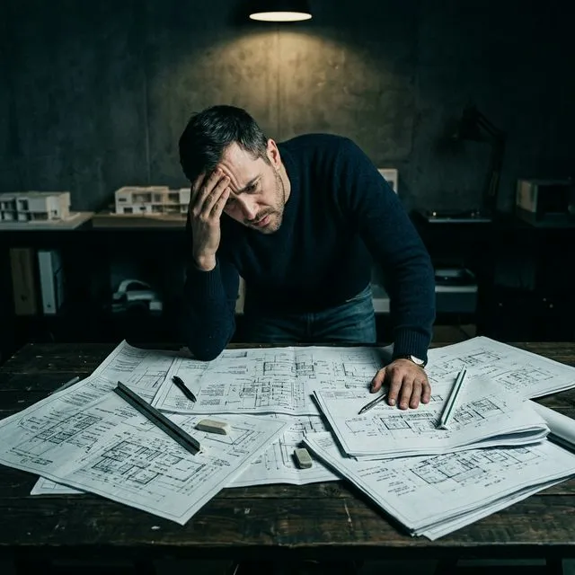 Persona revisando planos confundida